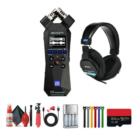 Zoom H1essential 2-Track 32-Bit Float Portable Audio Recorder Bundle With MDR-7506 Professional Stereo Headphones   Extreme Pro 64GB microSDXC Memory Card   USB Card Reader   More