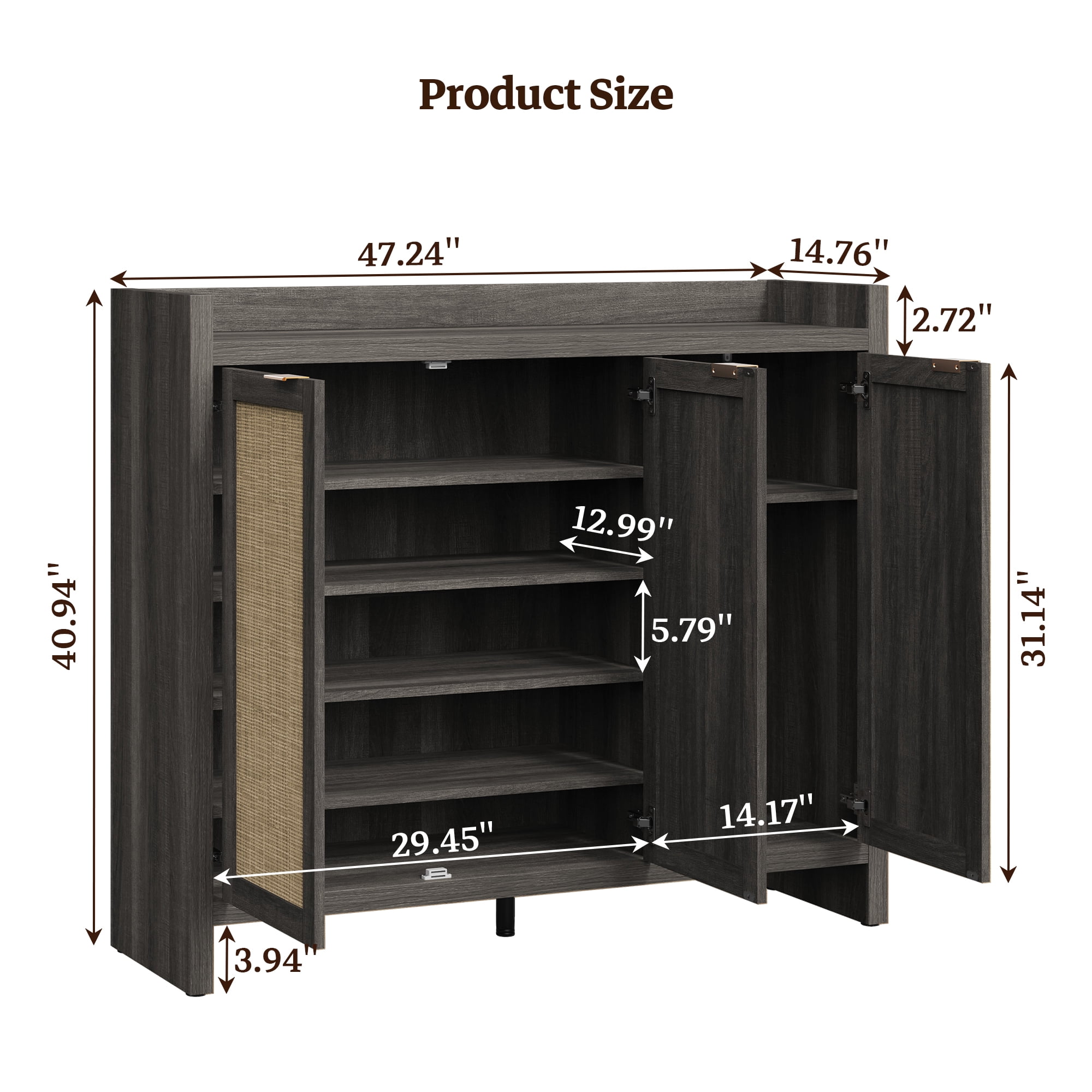 SICOTAS 7 Tier Shoe Storage Cabinet for Entryway, 30 Pairs Rattan Shoe Rack Cabinet with Doors & Adjustable Shelves, Boho Shoe Organizer Cabinet for Hallway, Black Oak