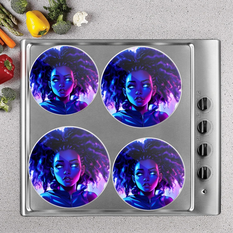 BaHomeck Electric Stove Burner Covers Set of 4,Round Metal Gas Stove Burner Covers 8 Inch and 10 Inch,Kitchen Decor,Young Black Woman With Curly Hair Has Blue Eyes