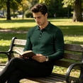thumbnail image 7 of Domuza Men's Long Sleeve Knit Polo Shirt, Soft Ribbed Collar Casual Top, Lightweight Sweater for Work Weekend Army Green L, 7 of 7