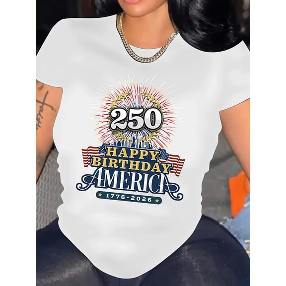 Women's Happy Birthday America 250th Anniversary T-Shirt Patriotic USA 1776-2026 Graphic Tee Retro Independence Day Celebration Top