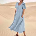 thumbnail image 2 of Women's Plus Size Summer Causal Dresses Short Sleeve Cotton Linen Dress Scoop Neck Ruffle Flowy Beach Baggy Maxi Sun Dresses Sundress Pocket, 2 of 5