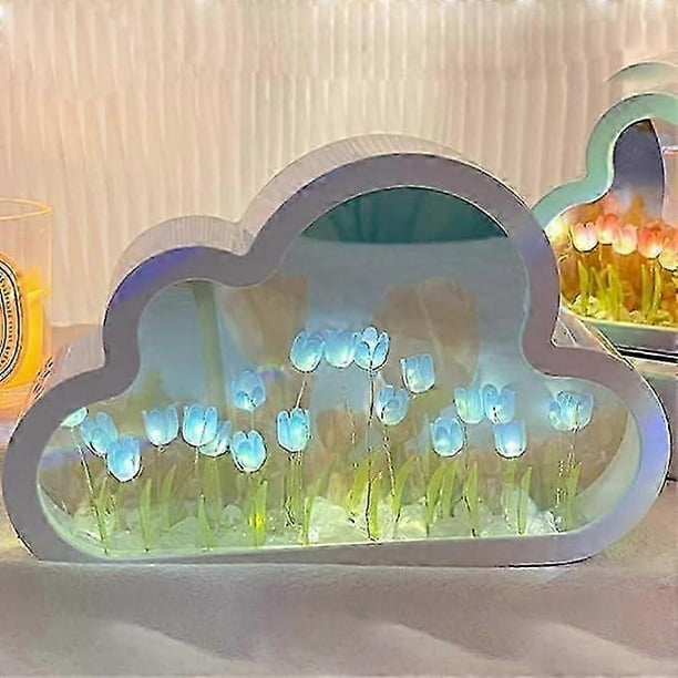 Cloud Tulip Lamp, DIY Cloud Tulip Mirror Night Light Simulation Flower Bedroom Sleeping Table Lamp Bedside Desktop Ornaments for Teen Girls
