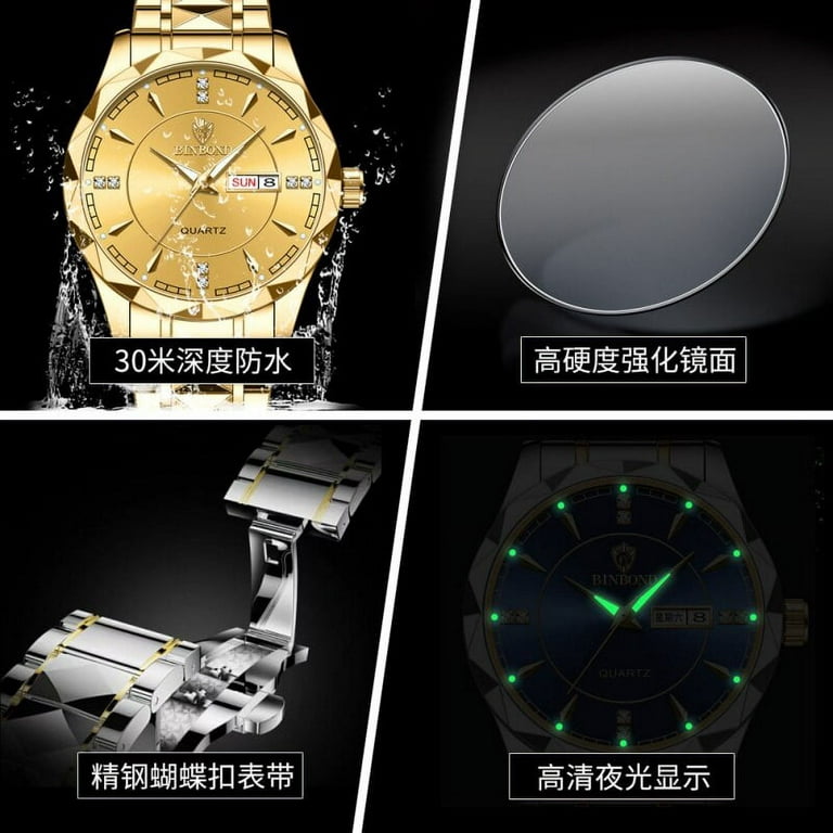 Binbond Watch Stainless Steel Business Double Calendar Waterproof Men's  Watch Men's Watch Luxury Gold Watch