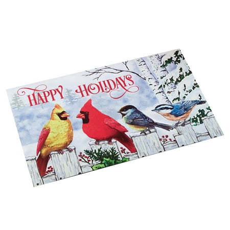 Happy Holidays Winter Birds Welcome Door Mat - Cardinals and Blue Jays on Snow Covered