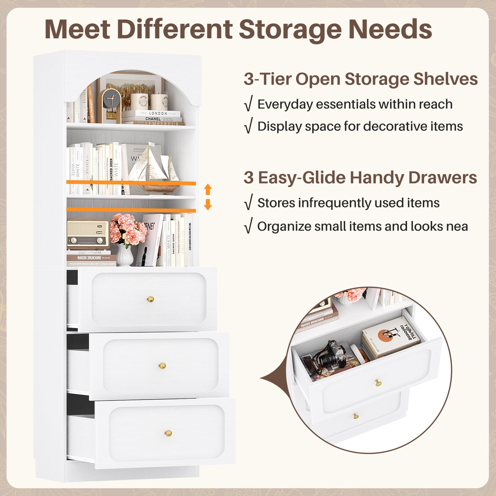 Homieasy 80" Tall Arched Bookcase with 3 Drawers & 3 Open Shelves - Wooden Storage Cabinet for Living Room, Kitchen, Office,White