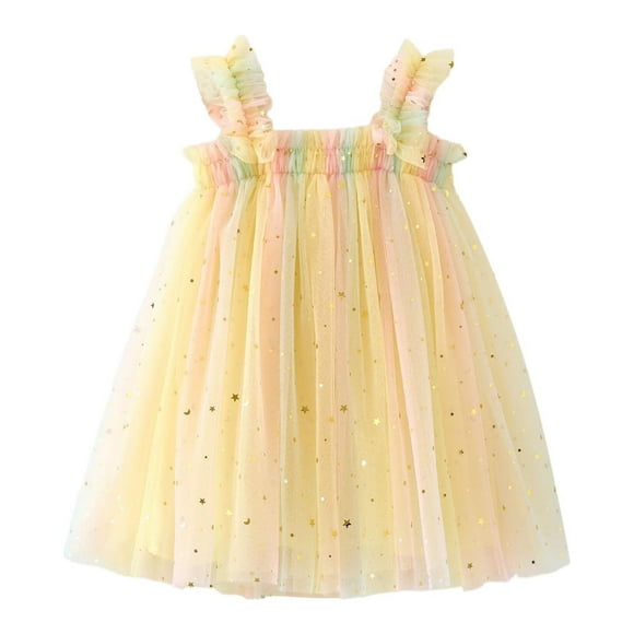 BYHONG Toddler Girls Sleeveless Star Moon Sequin Princess Dress Dance Party Dresses Clothes Skirts Dresses for Girls Yellow 130