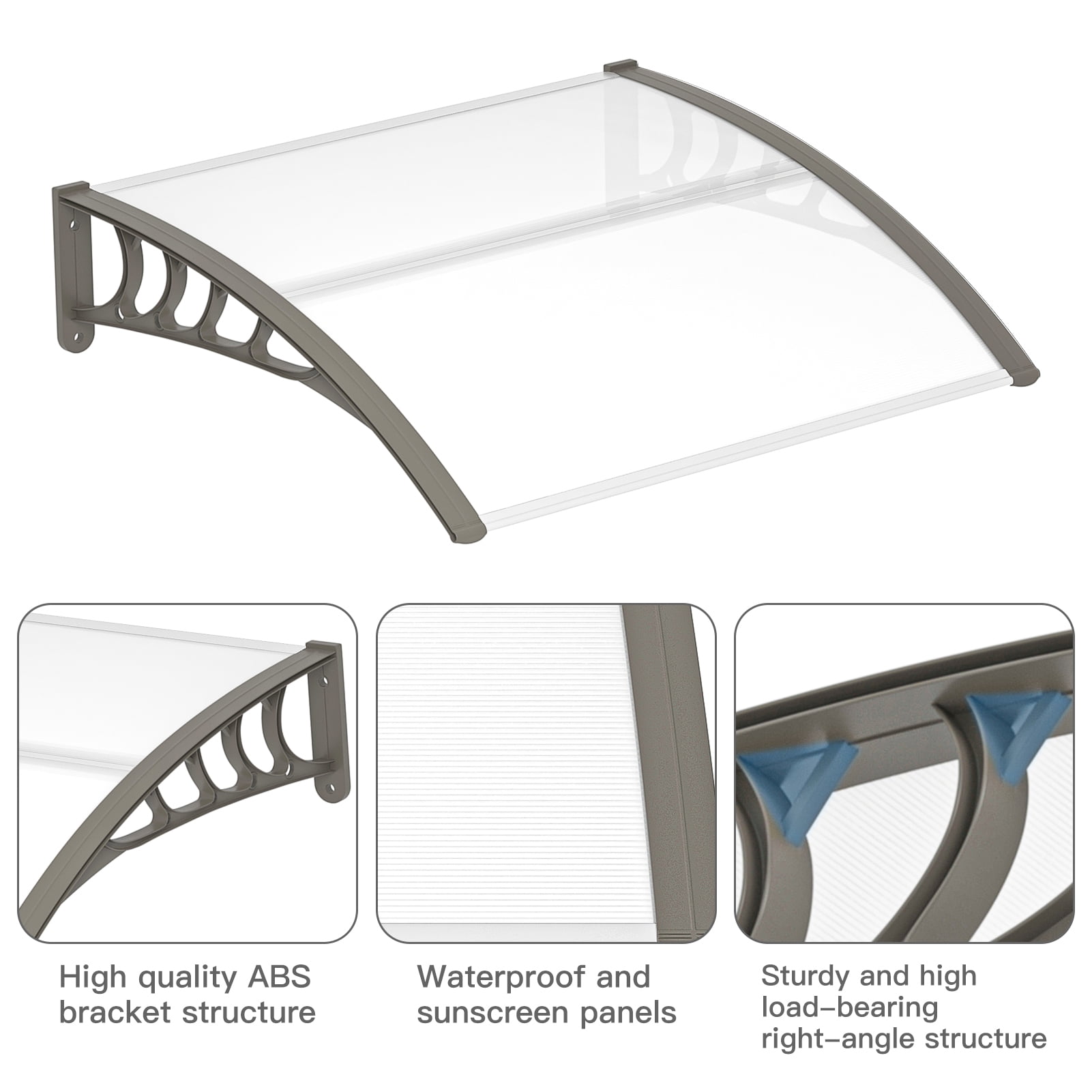 EDOEMSE Polycarbonate ABS Silver & Gray Bracket Door/ Window Awnings for Patios, Outdoor Awning, Sun Shade Awning for UV Rain Snow Protection Aluminum Frame