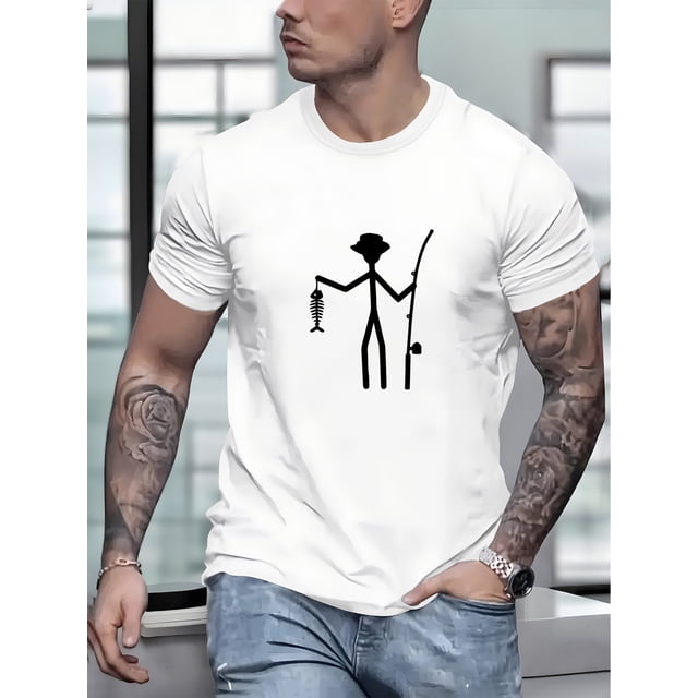 Camiseta de manga corta con cuello redondo y estampado de pesca para hombre, estilo sencillo, de corte regular y moderna, ideal para el tiempo libre.
