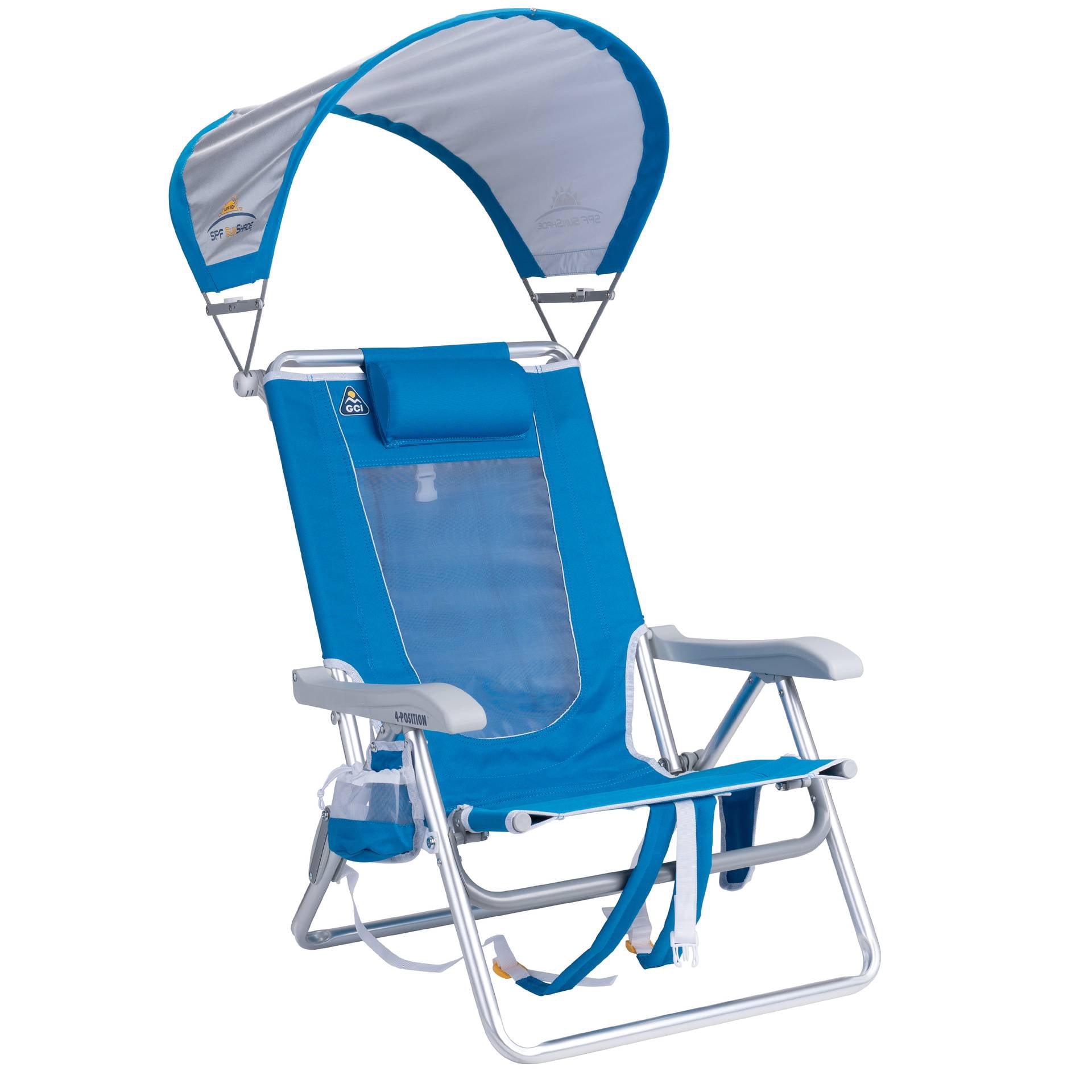 (2 pack) GCI Outdoor SunShade Backpack Beach Chair Low Profile Recliner with Shade Canopy, Saybrook Blue