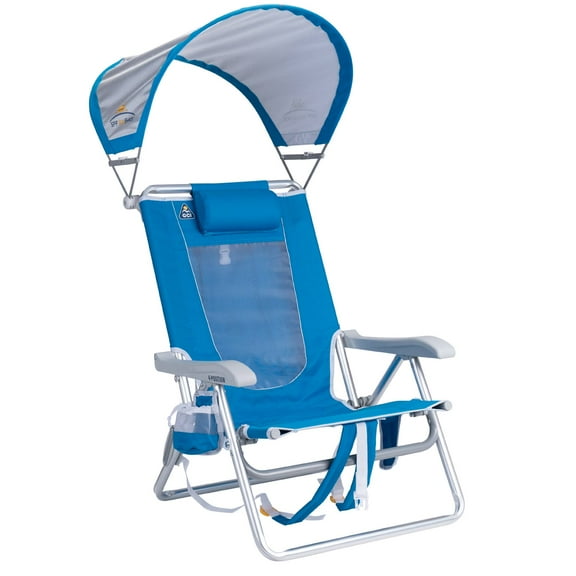 GCI Outdoor SunShade Backpack Beach Chair Reclining Low Profile Seat with Canopy, Saybrook Blue
