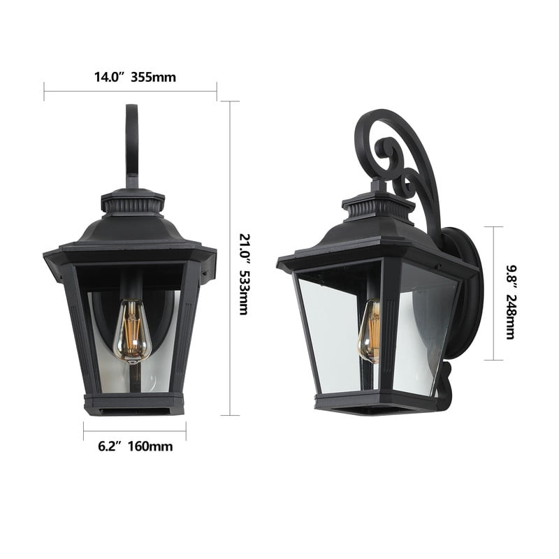 14" Outdoor Wall Lanterns 2-Pack, Vintage Black Exterior Light Fixtures with Clear Glass, Waterproof Wall Sconces for Porch, Patio, Garden, or Doorway (E26 Bulbs Not Included)