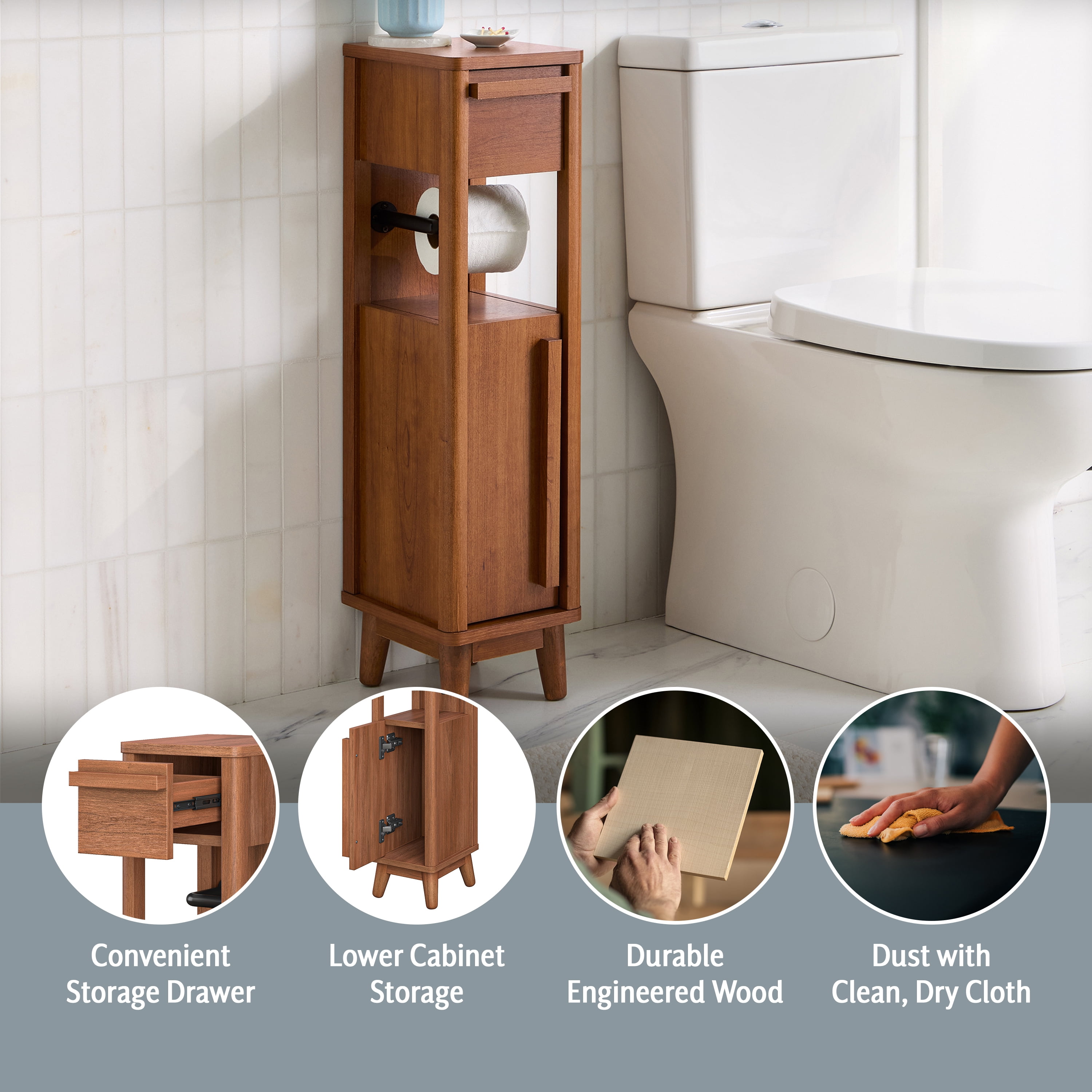 Better Homes & Gardens Greyson Slim Bathroom Storage Cabinet with Toilet Paper Holder, Walnut Finish