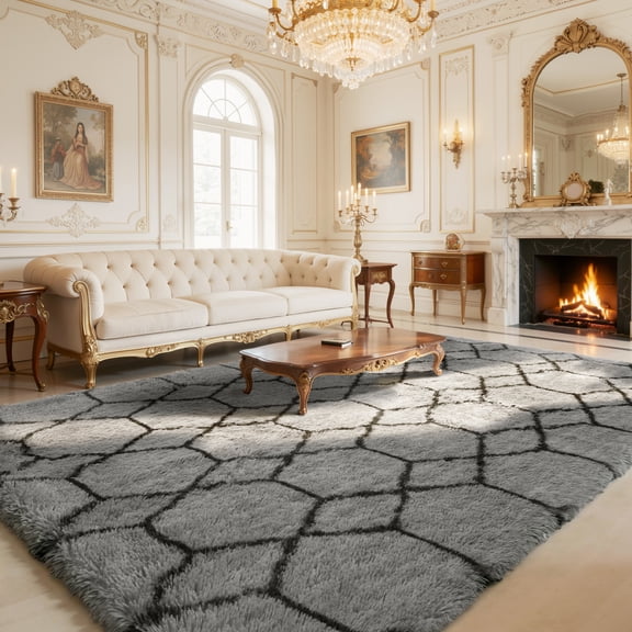 UNTIMATY 8ft x 10ft Area Rug, Soft Fluffy Area Rugs for Living Room Bedroom Geometric Carpet, Gray & Black