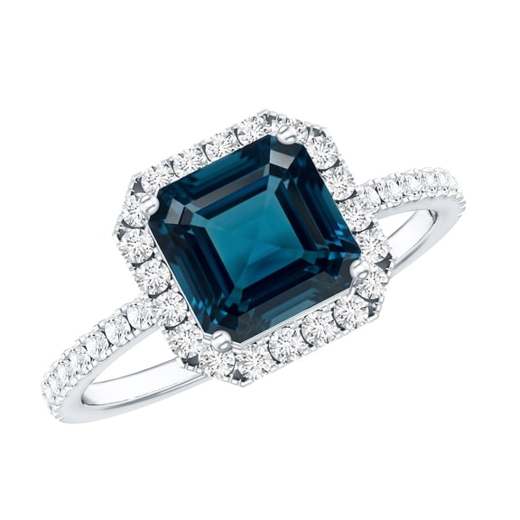 Rosec Jewels London Blue Topaz Halo Engagement Ring with Diamond - Asscher Cut Ring - AAA Grade Certified - With Jewelry Box, 925 Sterling Silver, US 4.00