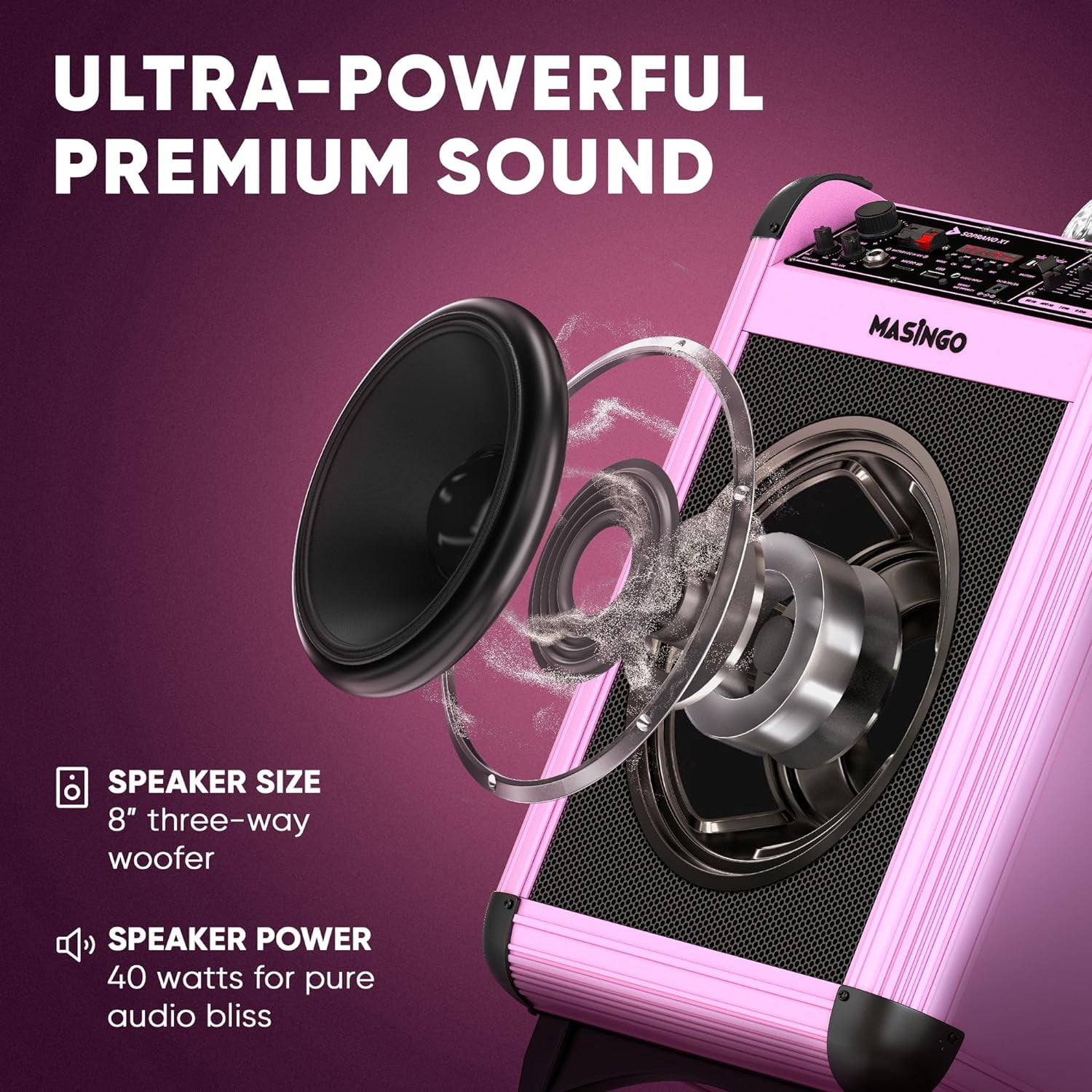 MASINGO Karaoke Machine for Adults & Kids with 2 UHF Wireless Microphones - Portable Singing PA Speaker System w/Two Bluetooth Mics, Party Lights, Lyrics Display Holder & TV Cable - Soprano X1 Pink