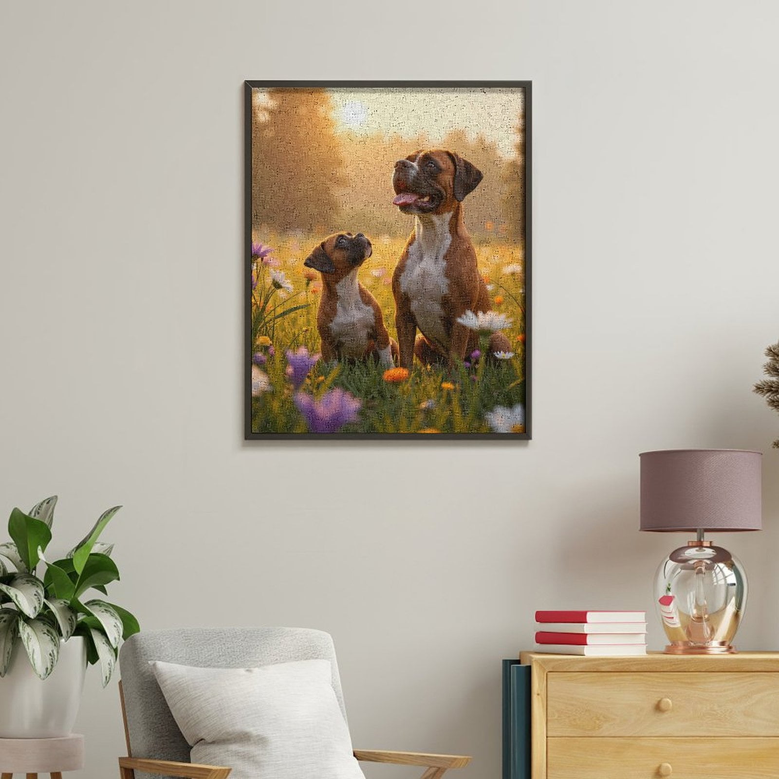 Paint By Numbers Kit for Adults Beginner - Sunrise Boxer Dogs Meadow Flowers DIY Canvas Painting Kits for Adults, Frameless Paint By Number for Adults for Home Wall Decor 16x20 Inch