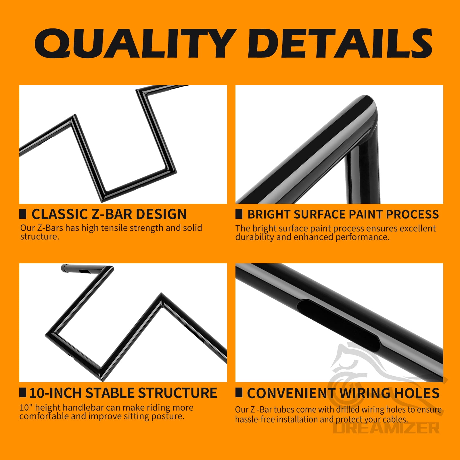 1" 25mm Z Bar - 8" Rise Handlebar w/Pre-Drilled Holes Universal For Harley Honda Yamaha Suzuki Kawasaki Most Motorcycle Chopper Cruisers Bobber Bike Cafe Racer Any Custom Applications