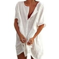 thumbnail image 2 of Women's Swimsuit Coverup Shirt Dress Button Down Short Sleeve Tunics Tops Bathing Suit Cover Up Vacation Beachwear White 4XL, 2 of 5