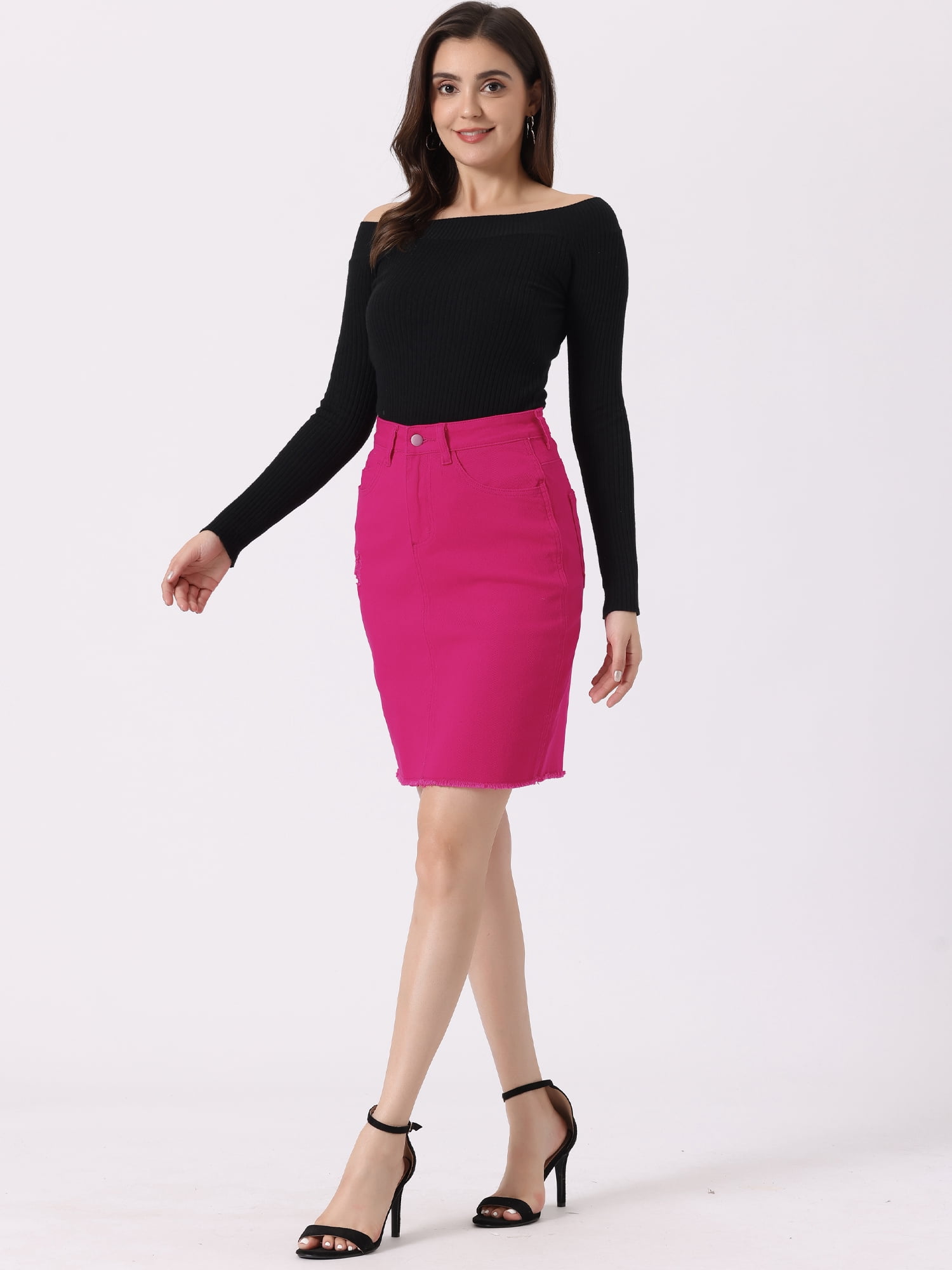 DARING DIVA Women's Ripped Hem Washed Jeans Denim Skirt M Hot Pink