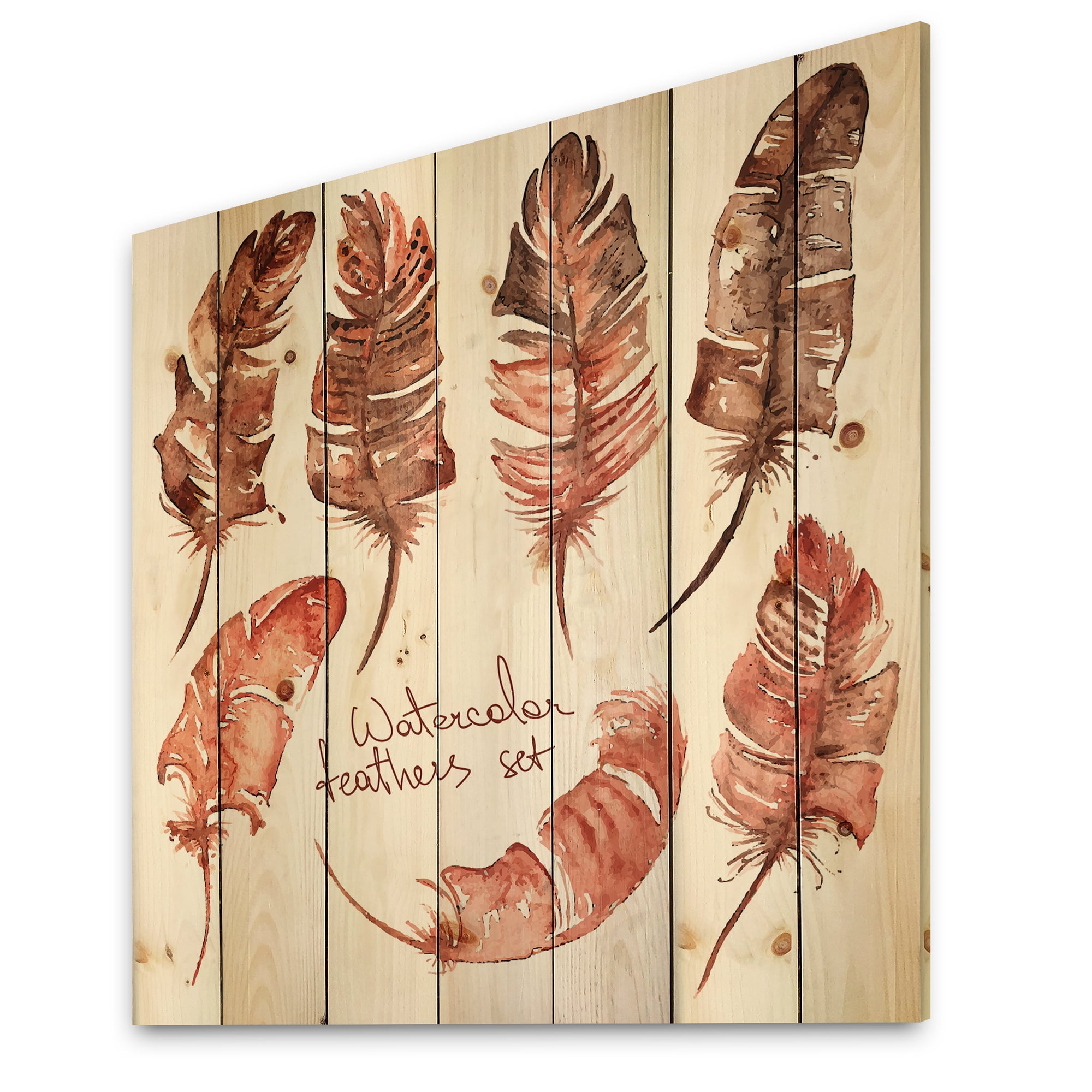 Designart 'Boho Art Feather Icons' Bohemian & Eclectic Print on Natural Pine Wood
