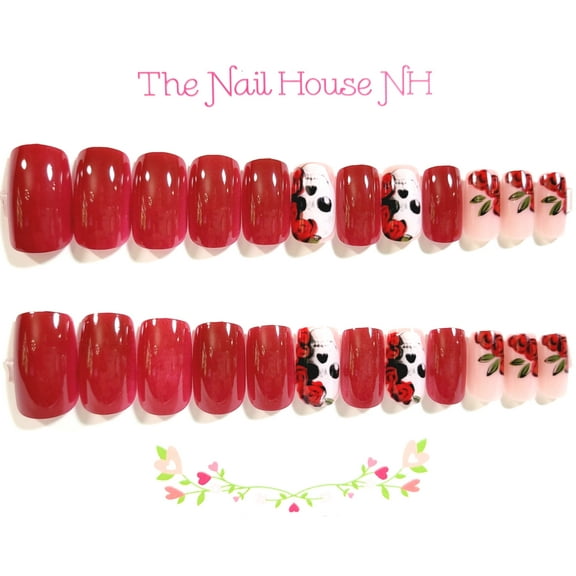Day of the Dead Rose Glossy Medium Square Press On Nails - 24 Pieces - Artificial Nail Kit - Halloween Nails