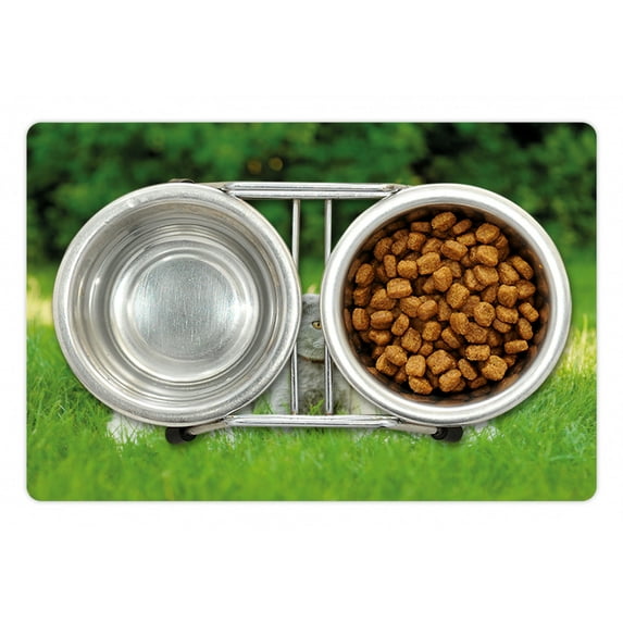 Dog Pet Mat for Food and Water, Pets Puppy Family in the Garden Australian Shepherds and a Cat Scenery, Non-Slip Rubber Mat for Dogs and Cats, 18" X 12", by Ambesonne