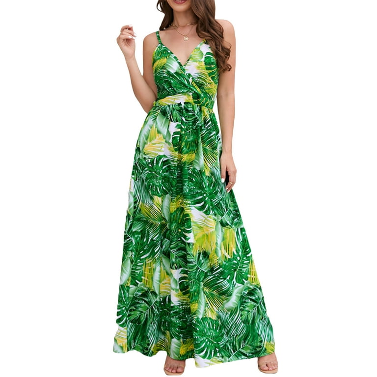 Sunisery Womens Sleeveless V Neck Spaghetti Strap Beach Boho Tropical  Summer Maxi Dress Causal Flowy Long Dresses 