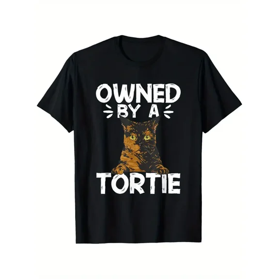 Men's & Women's Tortoiseshell Cat Lovers T-Shirt - 100% Cotton Oversized Relaxed Fit 180gsm Heavyweight Fabric, Vintage Tortie Cat Print with Tabby Cat Face & "Owned by a