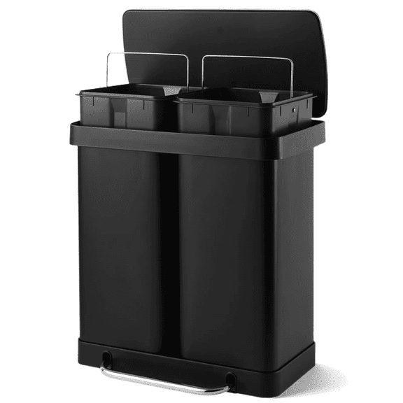 TLSUNNY 16 Gal / 60 L Double Trash Can, Stainless Steel Kitchen Step Garbage Can, w/ 2 Removable Inner Buckets, for Living Room, Office