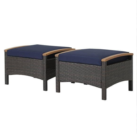 Topbuy Outdoor PE Wicker Ottoman Set of 2 Patio Rattan Footrest Seat with Soft Cushions & Curved Acacia Wood Handles Navy Blue