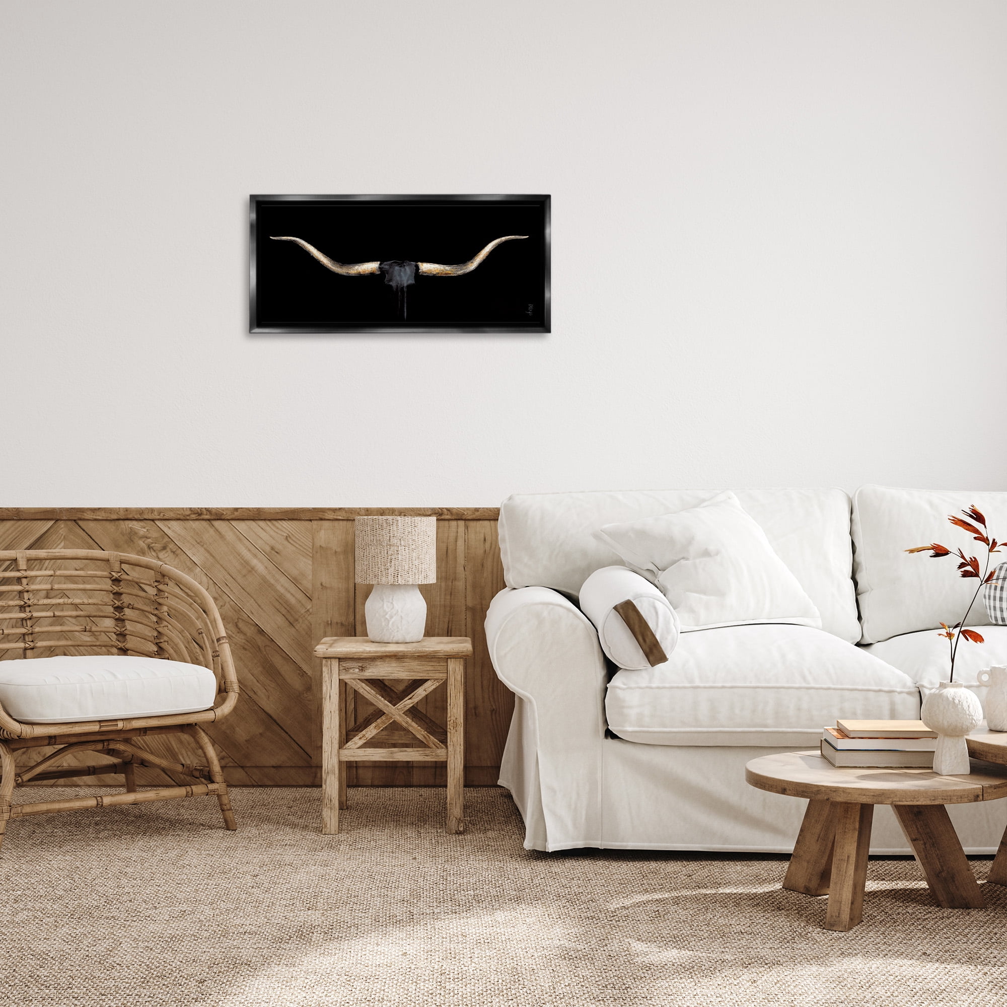 Stupell Industries Bull Horns Shadow Animal Painting Animals & Insects Painting Black Floater Framed Canvas Art Print Wall Art, 25 x 11