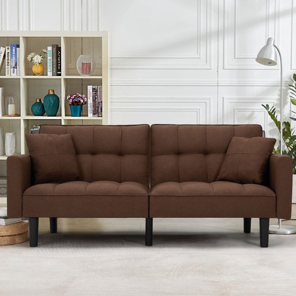 AVAWING Futon Sofa Bed Recliner Sofa 74 Inch Linen Tufted Upholstered Couches for Living Room Modern Convertible Sofa Bed with 2 Pillows, Brown