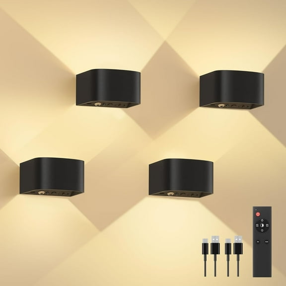 4 Pack Motion Sensor Wall Lamp with Remote Control, 3-Color Wireless LED Indoor Up & Down Wall Sconce, 5000mAh Rechargeable Battery-Powered, Brightness Adjustable - Black