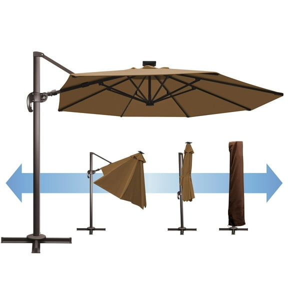 SUNRISEUMBRELLA 11' Deluxe Cantilever Umbrella LED Lighted Umbrella Sunbrella Cover Patio Umbrella Garden Outdoor (Cocoa)