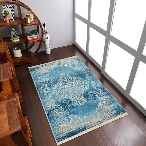 RUGSOTIC CARPETS Machine Woven Crossweave AREA RUGS - 6'x9', Rectangle,Blue,Classic Oriental Traditional , Low Pile Machine Made Area Rugs for Living Room, Bed Room (M00065)