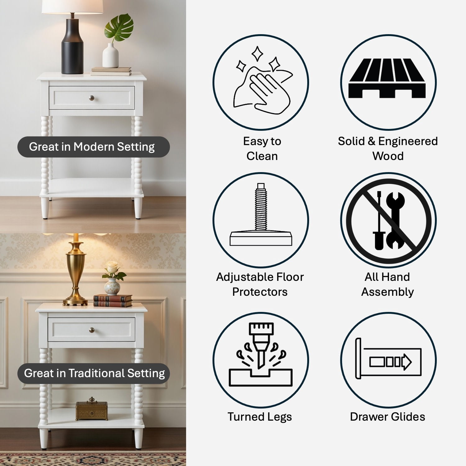 Decor Therapy Preston Traditional Single Drawer Side Table, Classic Bedside End Table with Lower Shelf, White