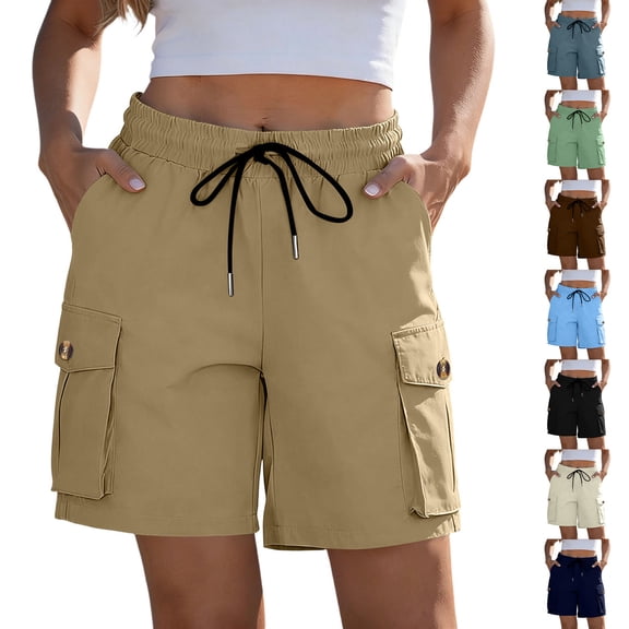 Yievot Women's Cargo Shorts 7 Inch Inseam Drawstring Elastic Waist Loose Fit Summer Outdoor Casual Shorts with Multi Pockets