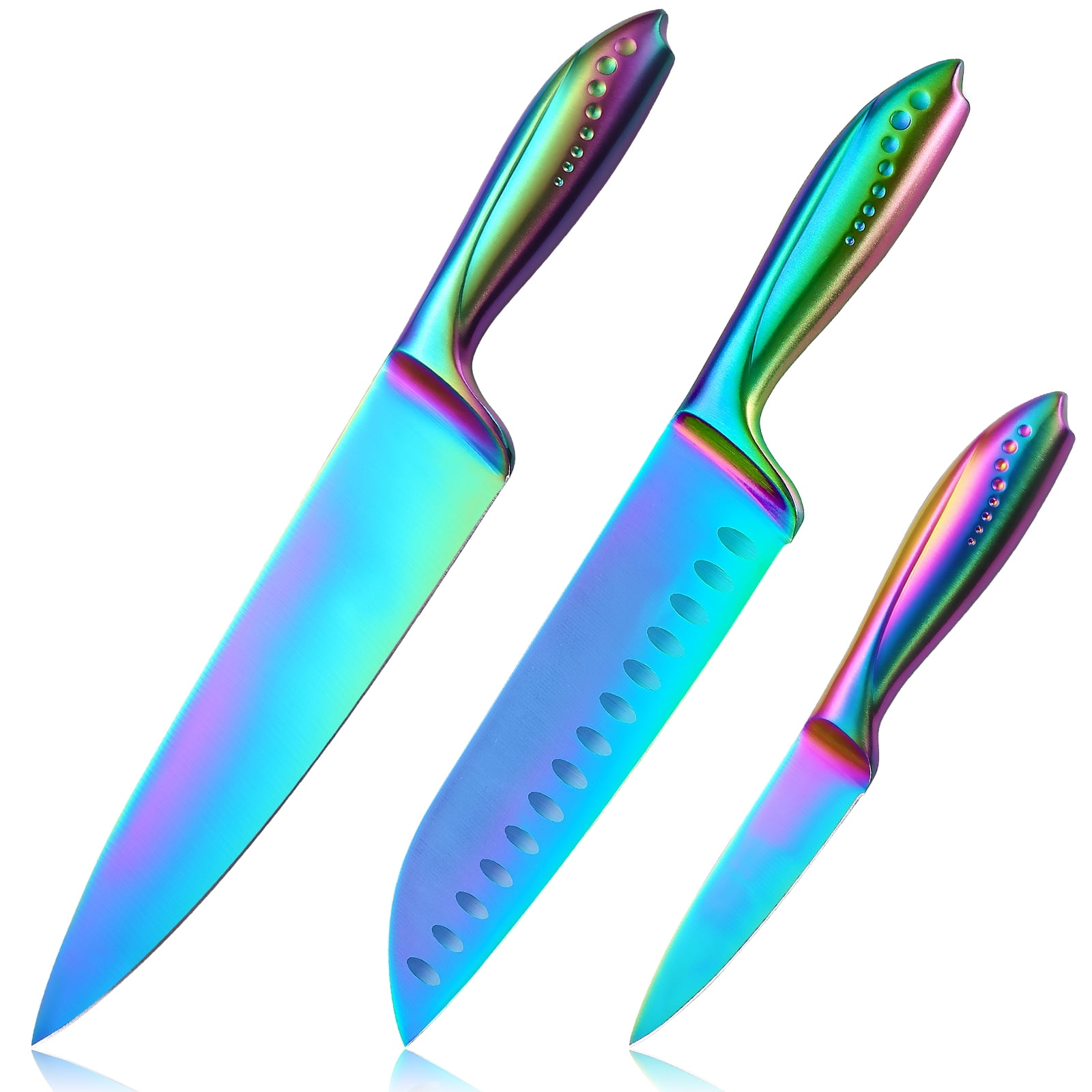WELLSTAR Rainbow Kitchen Knives 9 Pieces Set, Chef Santoku Paring Knives  and 6 Piece Serrated Steak Knives, Iridescent Titanium Coating Stainless