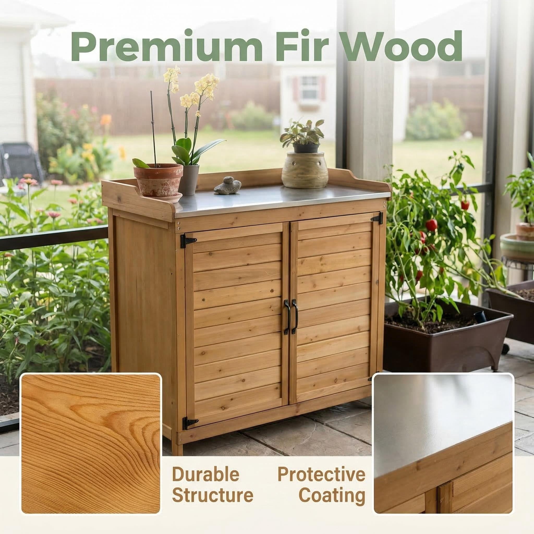 Lofka Outdoor Wooden Storage Cabinet with Potting Bench, Natural Wood Color, Weatherproof Garden Work Station, Patio Tool Shed for Backyard