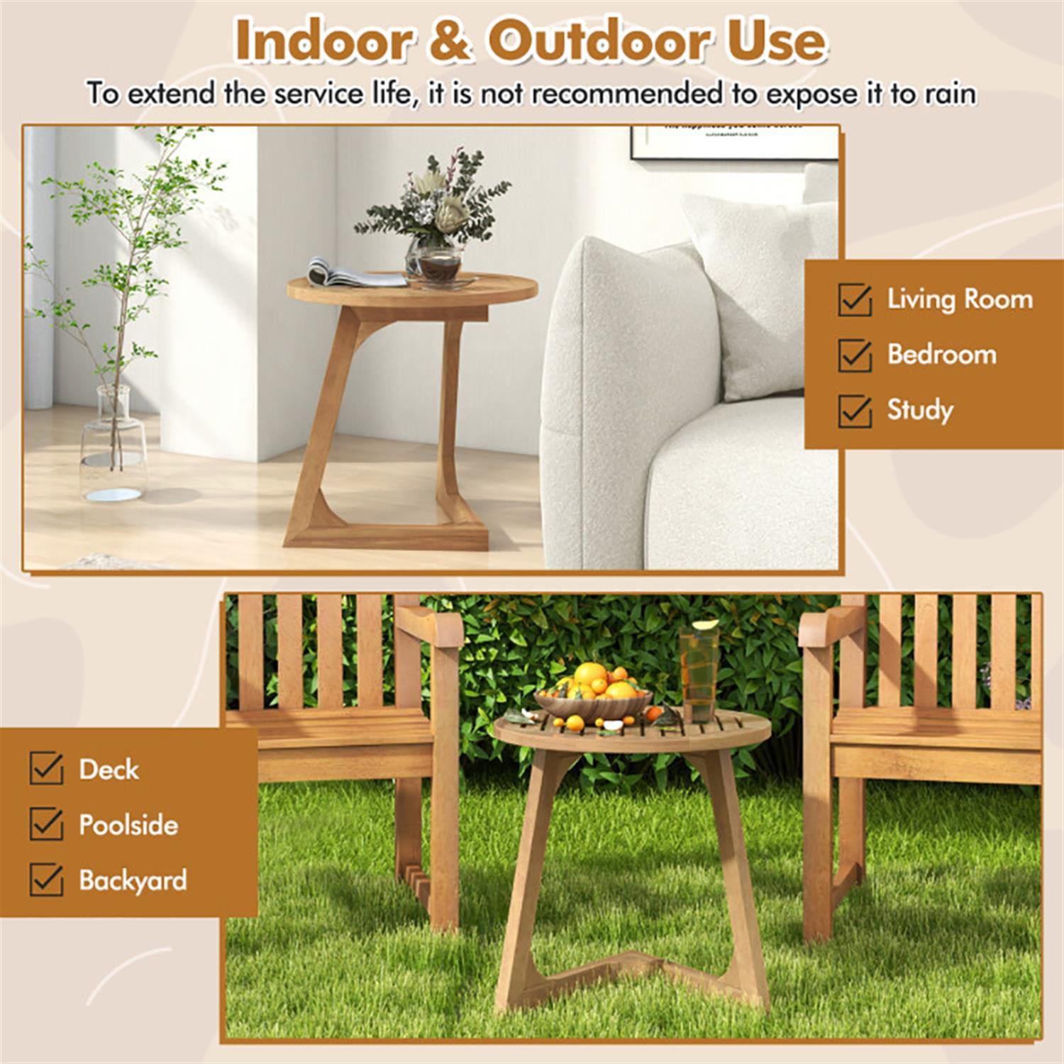 Demi Bonn Teak Wood Sofa Side Table, Round End Table with Slatted Tabletop for Small Spaces, Living Room, Bedroom, Brown