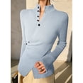 thumbnail image 5 of Women'S Knit Basic Sweater Elegant Stand Collar Button Slim Fit - Slit Long Sleeve Pullover Tops Light Blue L, 5 of 7