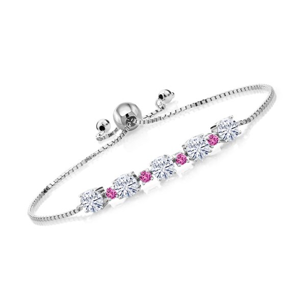 Gem Stone King 925 Sterling Silver Pink Created Sapphire Bracelet for Women Set with Moissanite (2.70 Cttw)
