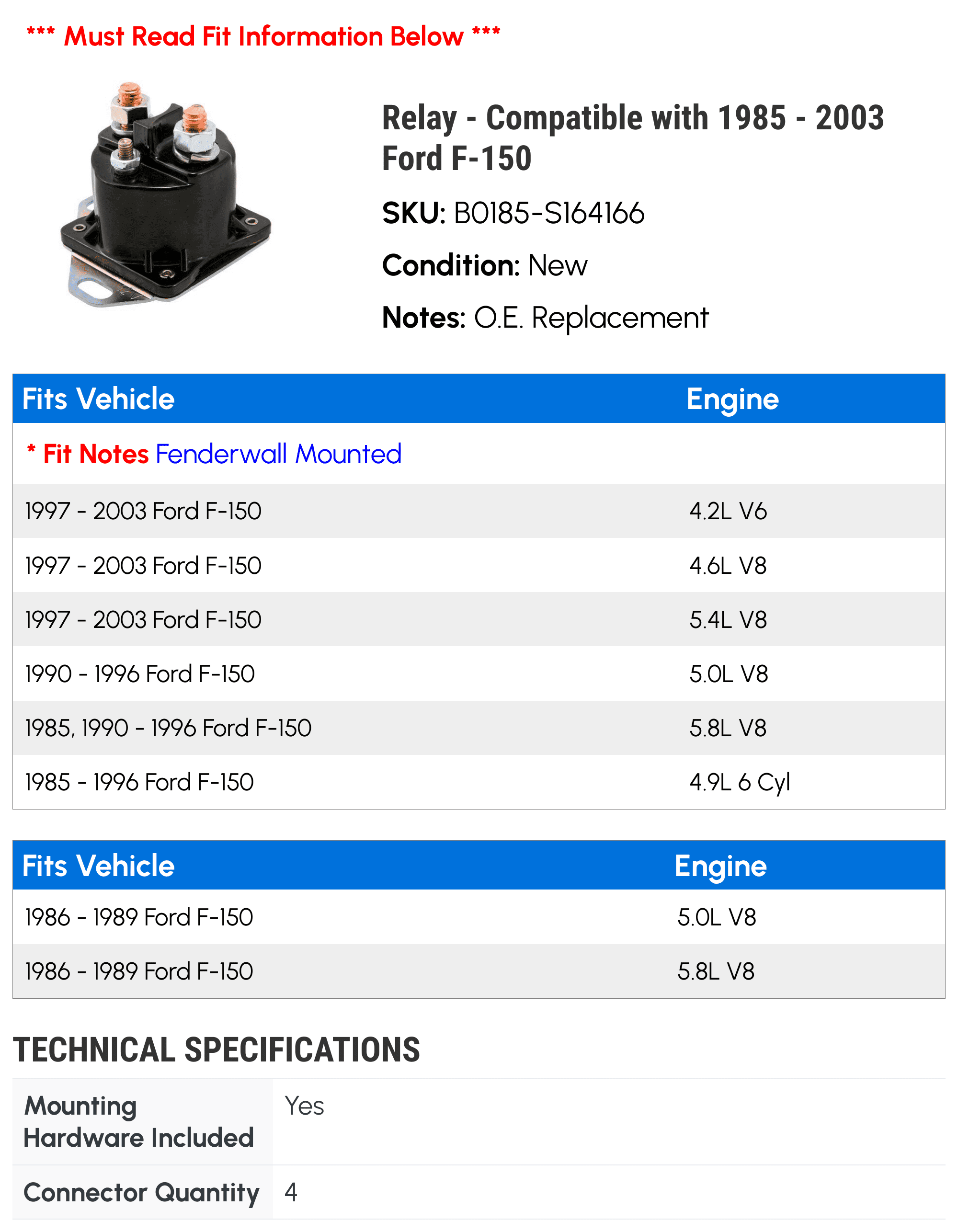 Relay - Compatible with 1985 - 2003 Ford F-150 1986 1987 1988 1989 1990 1991 1992 1993 1994 1995 1996 1997 1998 1999 2000 2001 2002
