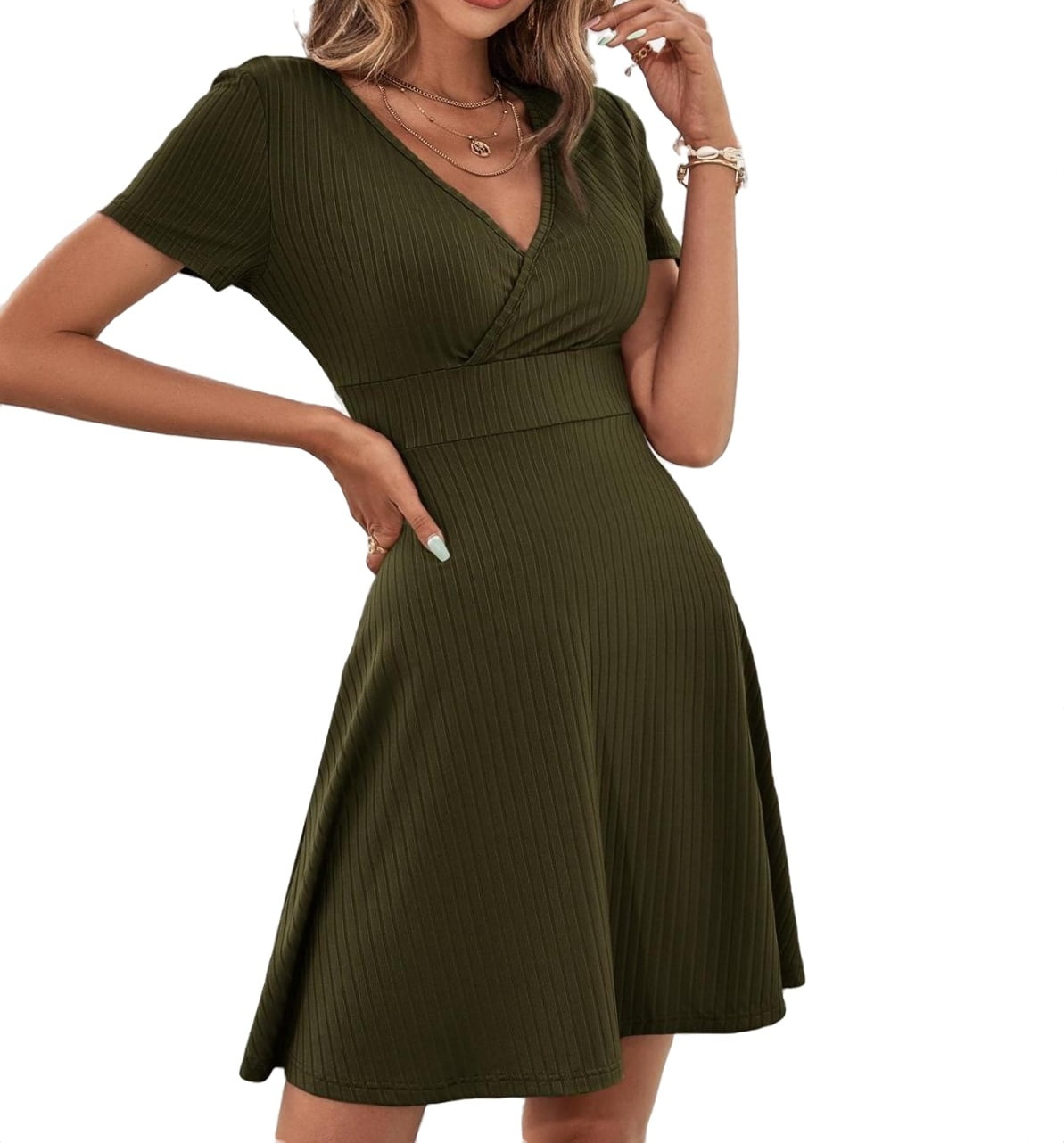 Womens Solid Short Sleeve Dress Olive Green XS - Walmart.com