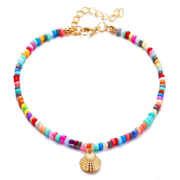 Tobilleras para mujer, tobilleras de estilo bohemio con cuentas de colores, tobillera con colgante de vieira de aleación, colgante de moda