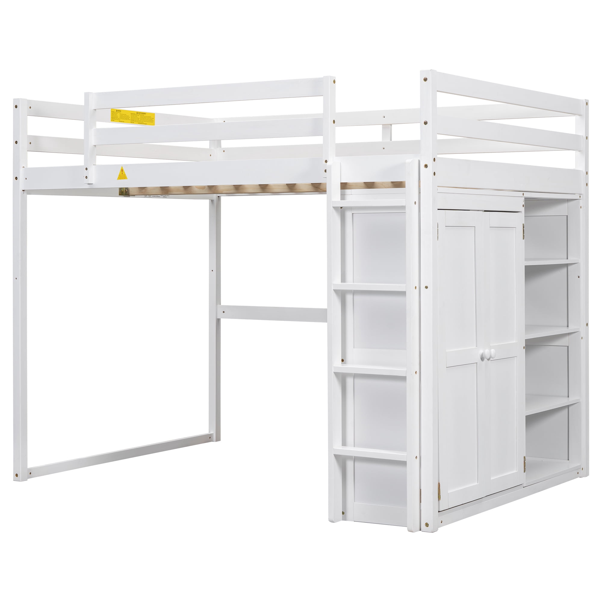 Euroco Wood Full Size Loft Bed with LED Light, Bookcase and Wardrobe, Storage Shelf for Kids Teens, White
