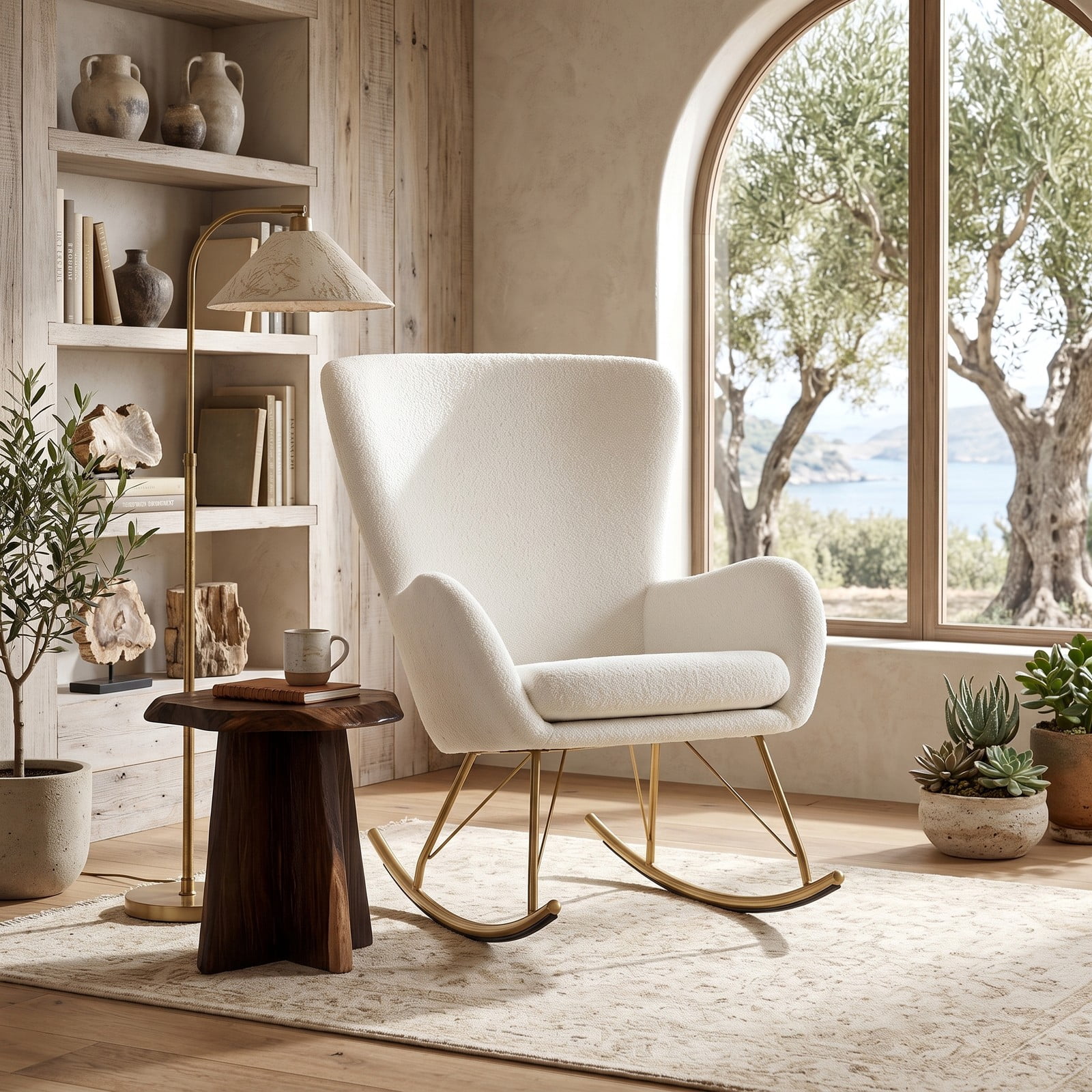Furnibear Nursery Rocking Chair with Curved Backrest and Armrests, Upholstered Teddy Fleece Glider Rocker with Metal Legs for Living Room Bedroom Nursery, 330, White