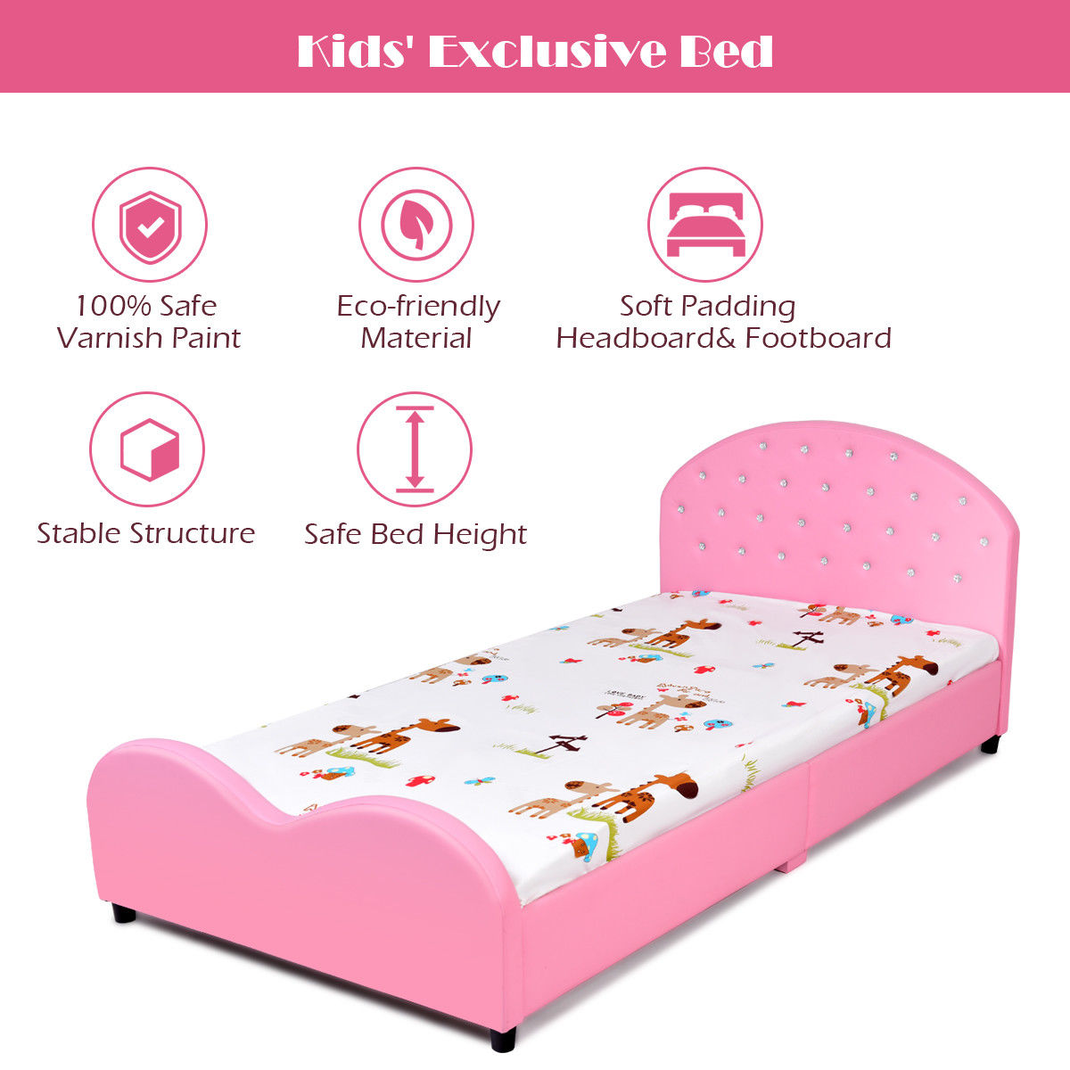 Costway Kids Children PU Upholstered Platform Wooden Princess Bed Bedroom Furniture Pink - image 3 of 9