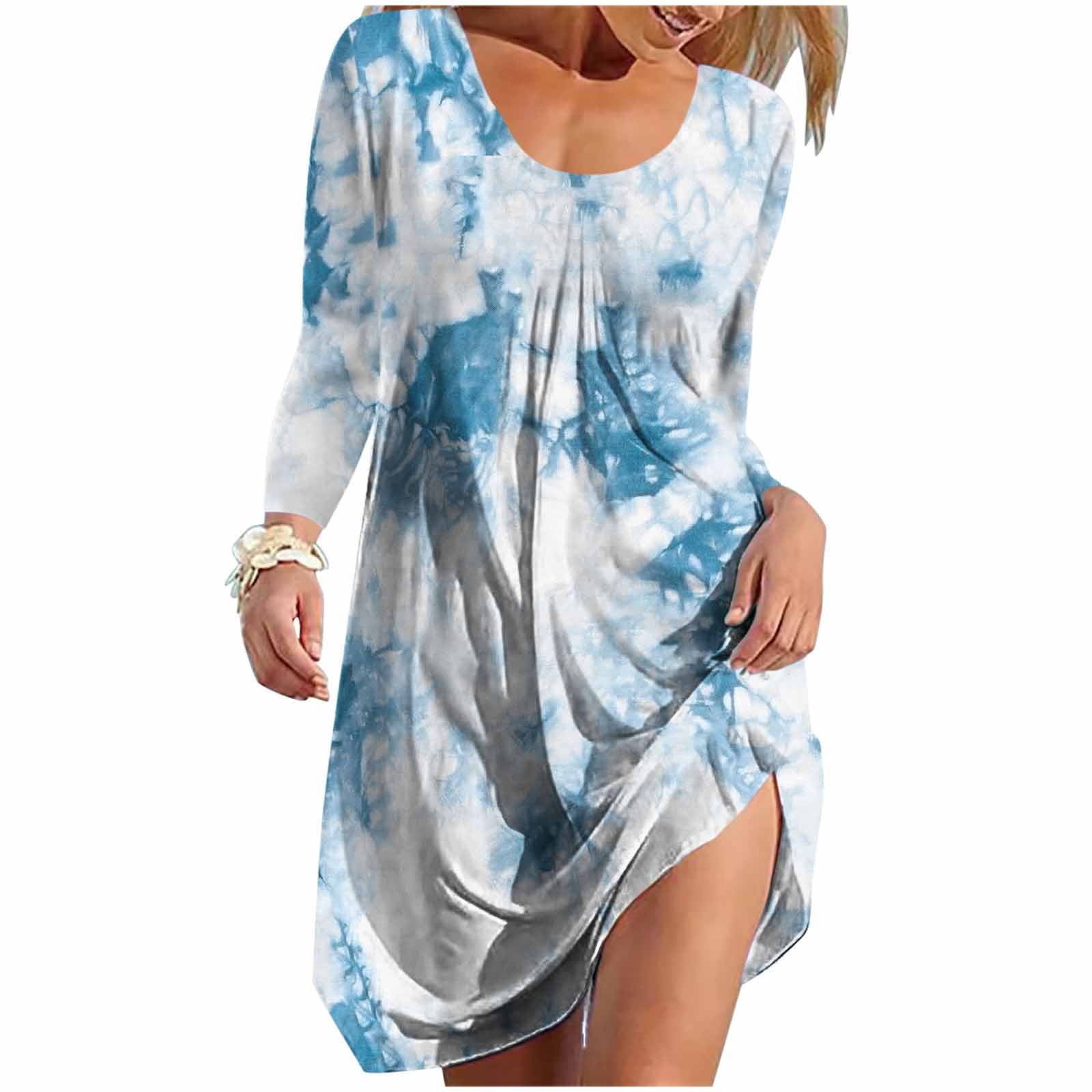 VKEKIEO Dresses That Hide Belly Fat Mini Crew Neck Long Sleeve Printed